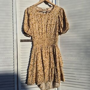 Floral Yellow Dress Ruffled Double Layer Open Back Cottage Fairy Core Size L